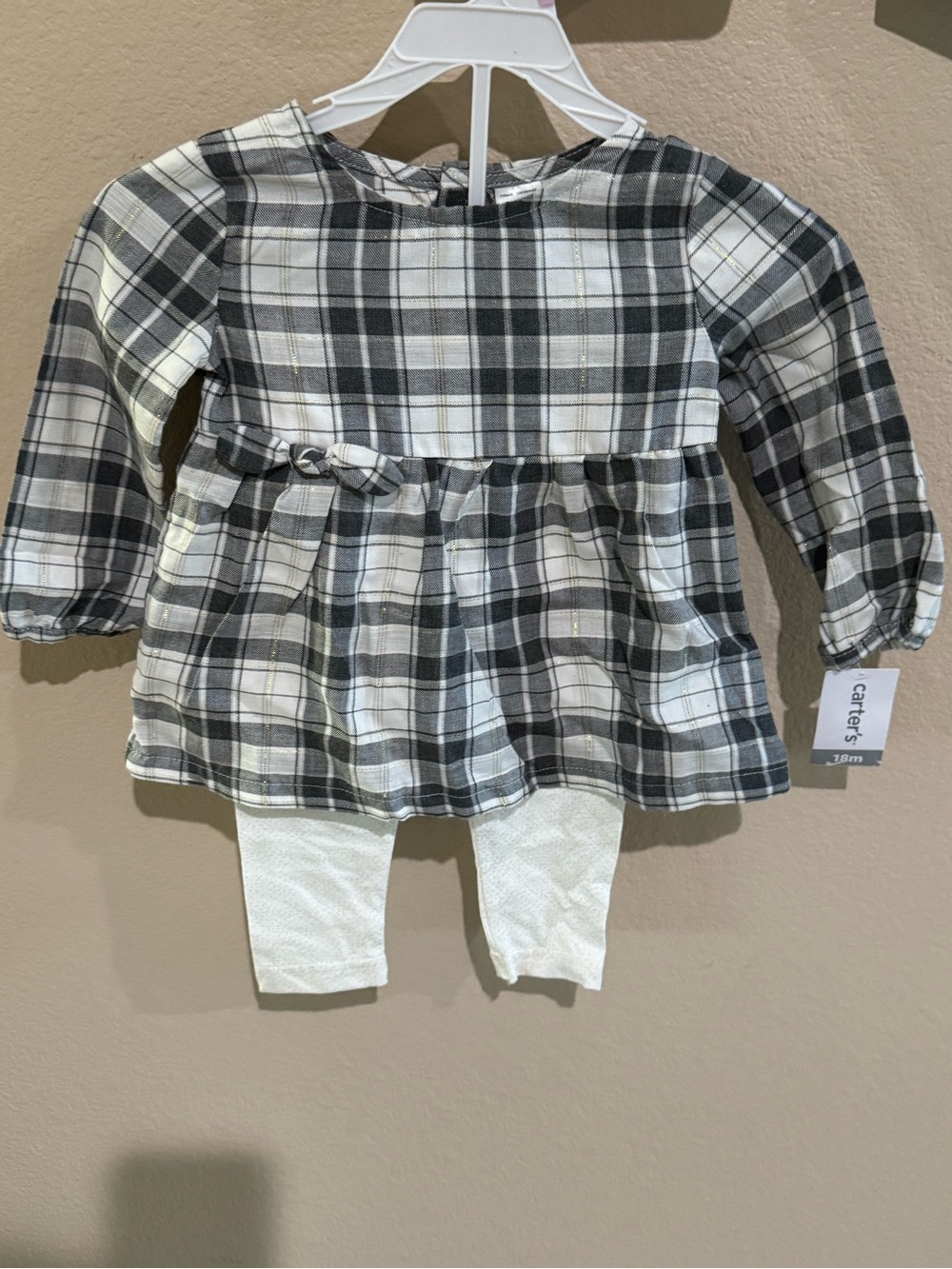 Carter's light shade of Black and White Plaid Peplum Dress with Cream Leggings